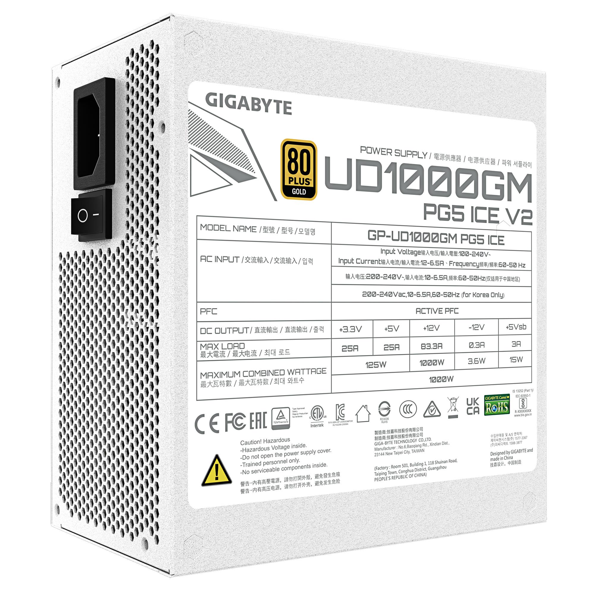 Power Supply GIGABYTE UD1000GM PG5 ICE ATX 3.1 1000 Watts Efficiency 80 PLUS GOLD PFC Active MTBF 100000 hours GP-UD1000GMPG5ICE