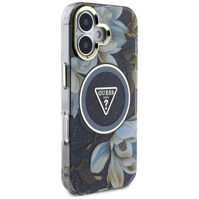 Guess Glitter Flowers Triangle Buttons MagSafe case for iPhone 16 black