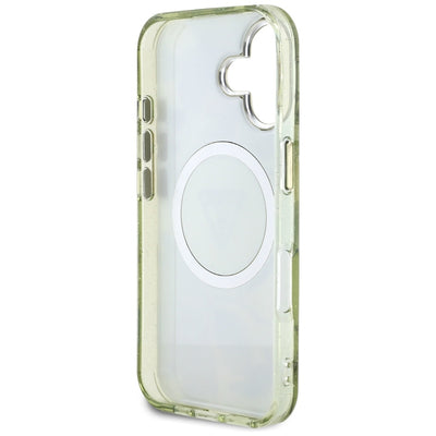 Guess Glitter Flowers Triangle Buttons MagSafe case for iPhone 16 green