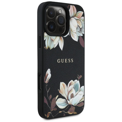Guess Grained Printed Flower Pattern MagSafe case for iPhone 16 Pro black