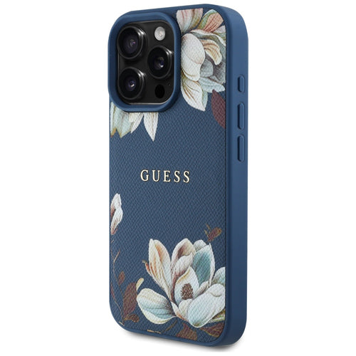 Guess Grained Printed Flower Pattern MagSafe case for iPhone 16 Pro blue