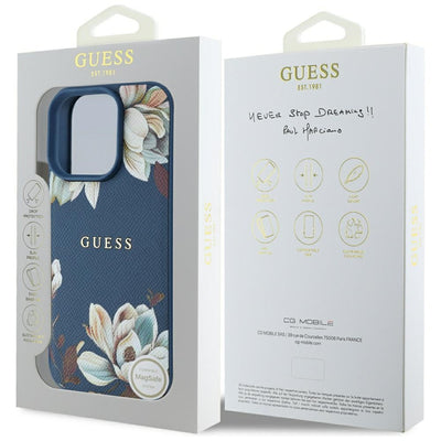 Guess Grained Printed Flower Pattern MagSafe case for iPhone 16 Pro blue