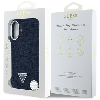 Guess Denim Triangle Logo MagSafe iPhone 16 Case - Blue