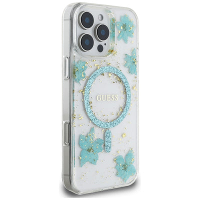 Guess Resin Flowers Glitter MagSafe iPhone 16 Pro Case - Clear Green