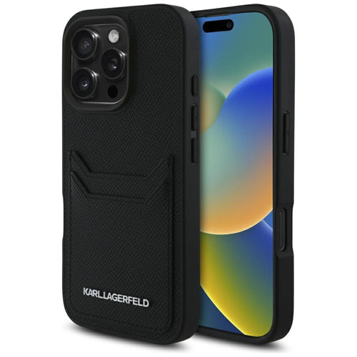 Karl Lagerfeld HC Grained PU Cardslot Metal Elong iPhone 16 Pro Case - Black