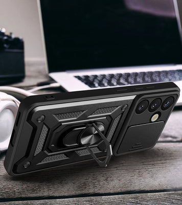 Hybrid Armor Camshield Armored Case with Stand and Camera Cover for Vivo V50 5G - Black — Hurtel