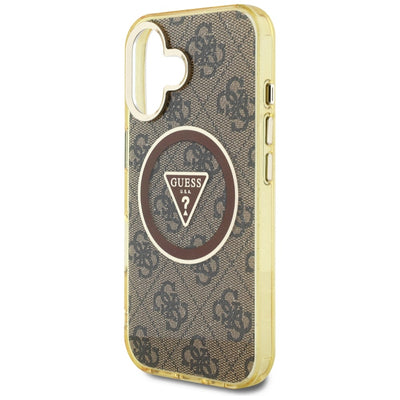 Guess IML Metal Glitter 4G Circle Triangle MagSafe Case for iPhone 16 - Brown