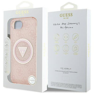 Guess IML Metal Glitter 4G Circle Triangle MagSafe case for iPhone 16e - pink
