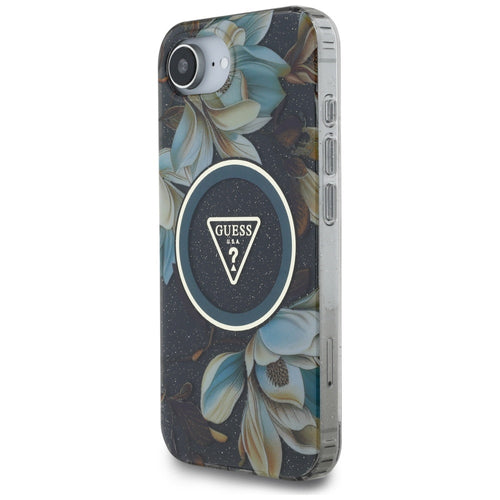 Guess IML Metal Glitter Flowers Triangle MagSafe case for iPhone 16e - black