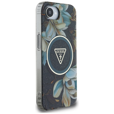 Guess IML Metal Glitter Flowers Triangle MagSafe case for iPhone 16e - black