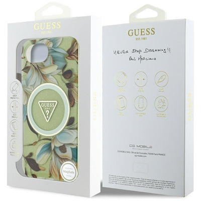 Guess IML Metal Glitter Flowers Triangle MagSafe iPhone 16e Case - Green