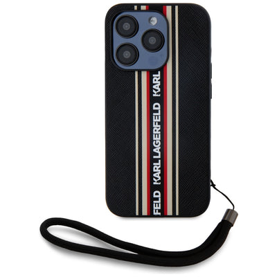 Karl Lagerfeld Saffiano Athleisure Stripes Cord iPhone 15 Pro Max Case - Red