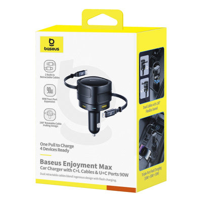 Baseus Enjoyment Max 90W Car Charger 2x USB-C + USB-C and Lightning Cable - Black