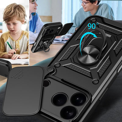 Hybrid Armor Camshield iPhone 17 Pro Case with Stand and Camera Cover - Black — Hurtel