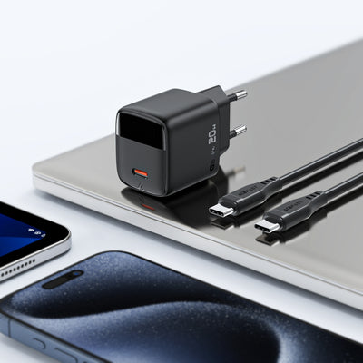 Acefast A113 GaN PD 20W USB-C Wall Charger with Display with USB-C Cable - Black