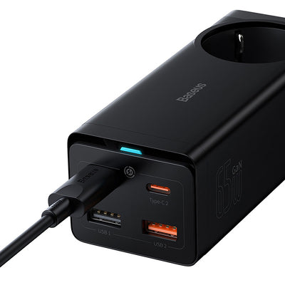 Baseus GaN3 Pro 65W EU Charging Station + 2 x USB-C + 2 x USB-A with Baseus Xiaobai USB-C 100W 1m Cable - Black