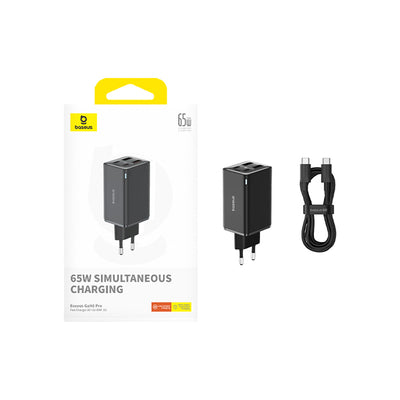 Baseus GaN6 Pro Charger 65W 2 x USB-C 2 x USB-A with Black USB-C Cable 100W 1m - Black