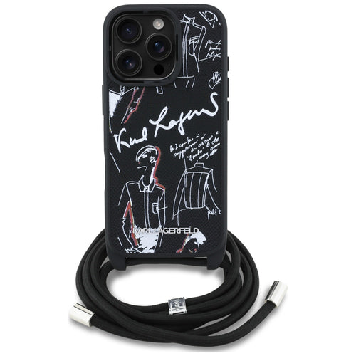 Karl Lagerfeld Crossbody Grained Pattern & Logo Case for iPhone 16 Pro Max - Black