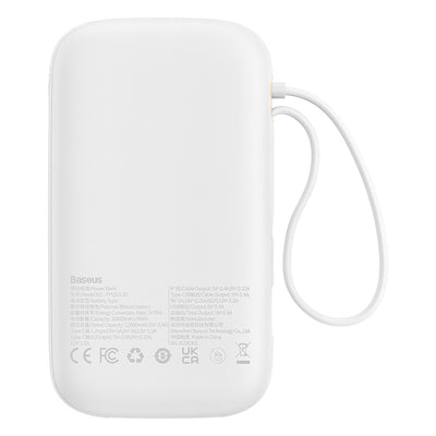 Baseus Qpow2 20000mAh 22.5W Powerbank with Dual Cable with Digital Display + Baseus Simple USB-C 3A Cable 0.3m (White) - Whit