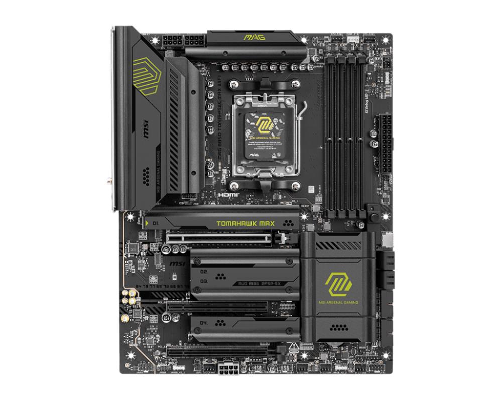 Mainboard MSI AMD B850 SAM5 ATX Memory DDR5 Memory slots 4 3xPCI-Express 16x 4xM.2 1xHDMI 1xAudio-In 1xAudio-Out 4xUSB 2.0 1xUSB 3.0 2xUSB 3.2 3xUSB-C 1xRJ45 B850TOMAHAWKMAXWIFI