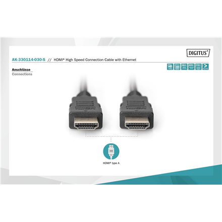 Digitus | High Speed HDMI Cable with Ethernet | AK-330114-030-S | HDMI male (type A) | HDMI male (type A) | HDMI to HDMI