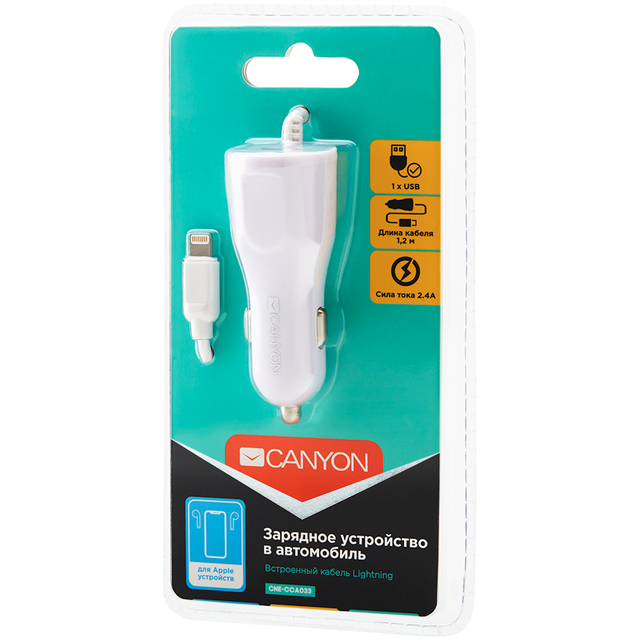 CANYON car charger C-033 2.4A/USB-A built-in Lightning White