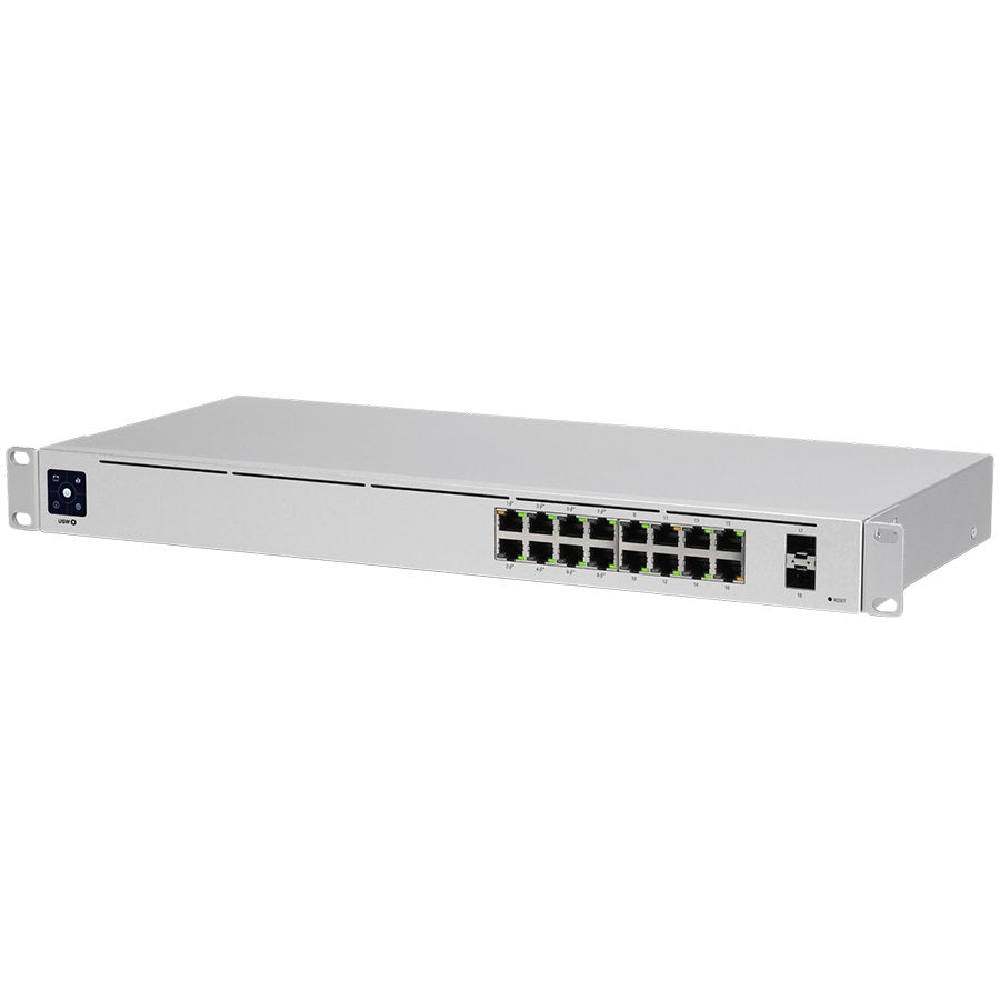 Ubiquiti USW-16-PoE 16-port Layer 2 PoE switch, 8 x GbE PoE+, 8 x GbE ports, 2 x 1G SFP ports, 42W total PoE Power, fanless,