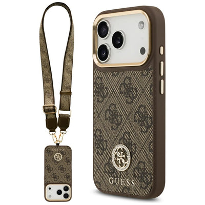 Guess 4G Strass Logo & Big Strap Metal Buttons MagSafe Case for iPhone 17 Pro - Brown