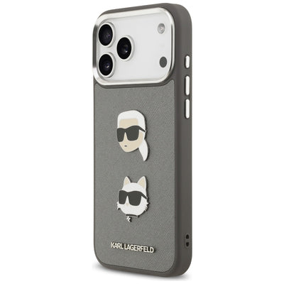 Karl Lagerfeld FW Grained Karl & Choupette Heads Pins & Logo iPhone 17 Pro Max Case - Gray