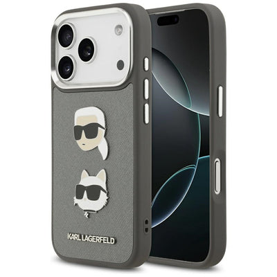 Karl Lagerfeld FW Grained Karl & Choupette Heads Pins & Logo iPhone 17 Pro Case - Gray