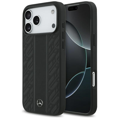 Mercedes Leather Laurel Leaves Stripes MagSafe Case for iPhone 17 Pro Max - Black