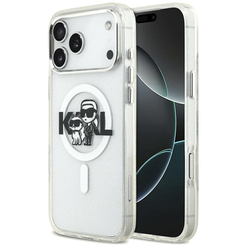 Karl Lagerfeld IML Glitter Karl & Choupette Sketch Logo MagSafe Case for iPhone 17 Pro Max - Clear