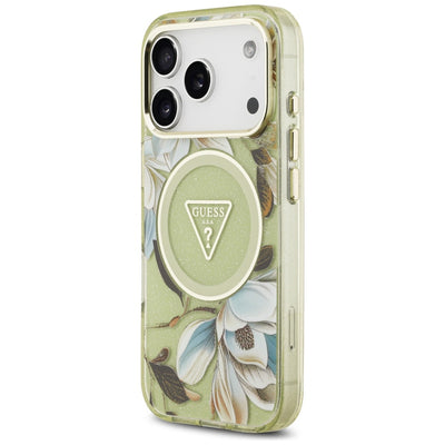 Guess IML Glitter Flowers Triangle MagSafe Case for iPhone 17 Pro Max - Green