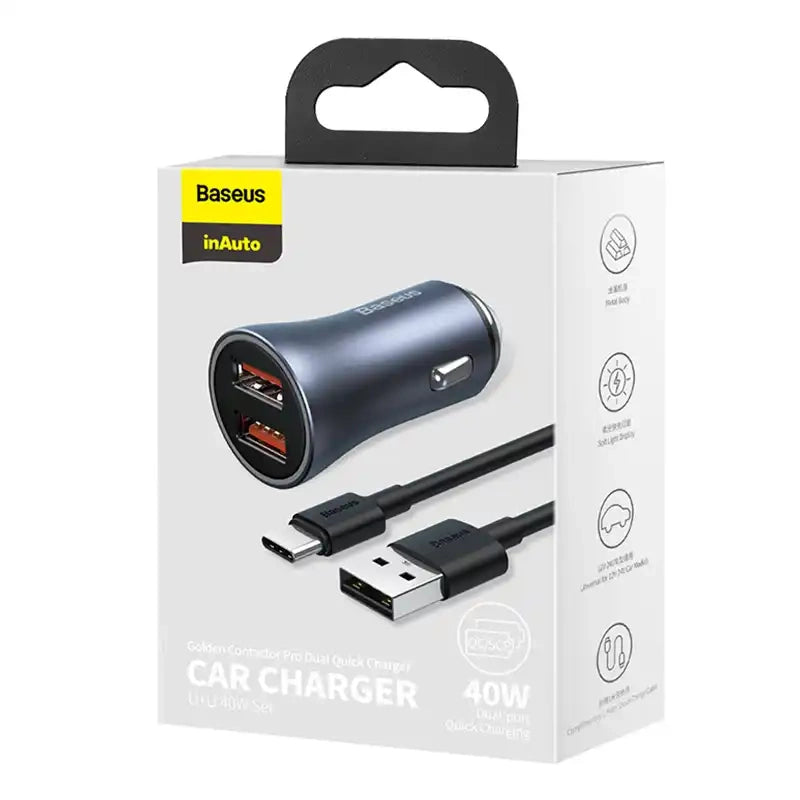 Ładowarka samochodowa Baseus Golden Contactor Pro, 2x USB, 40W (szara) + kabel USB do USB-C 1m (czarny) - Product Image 9