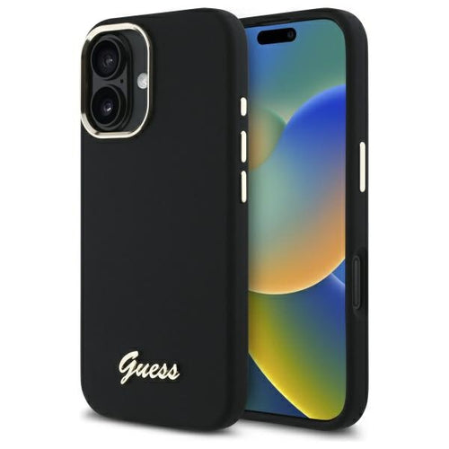 Guess Silicone Script Metal Logo & Frame Case for iPhone 16 Plus - Black