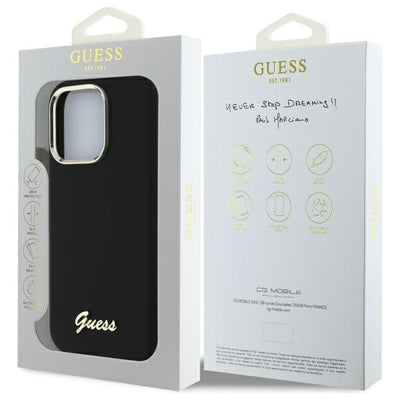 Guess Silicone Script Metal Logo & Frame Case for iPhone 16 Pro Max - Black