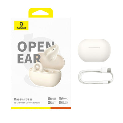 Baseus Bass 15 Clip OWS Wireless Headphones with Baseus Simple USB-C 3A 30cm Cable - White