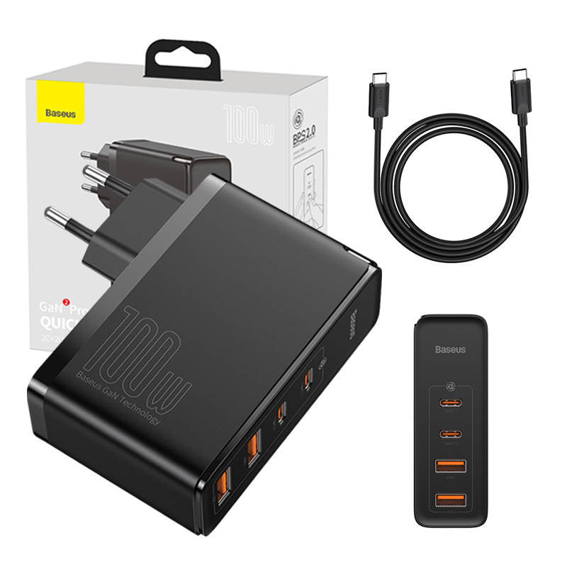 Travel Charger Baseus GaN2 Pro Quick 2x USB + 2x USB-C, 100W, EU (Black) - Product Image 1