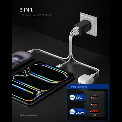 Spigen Essential EE673EU 3-port charger 2xUSB-C 1xUSB-A 67W - black