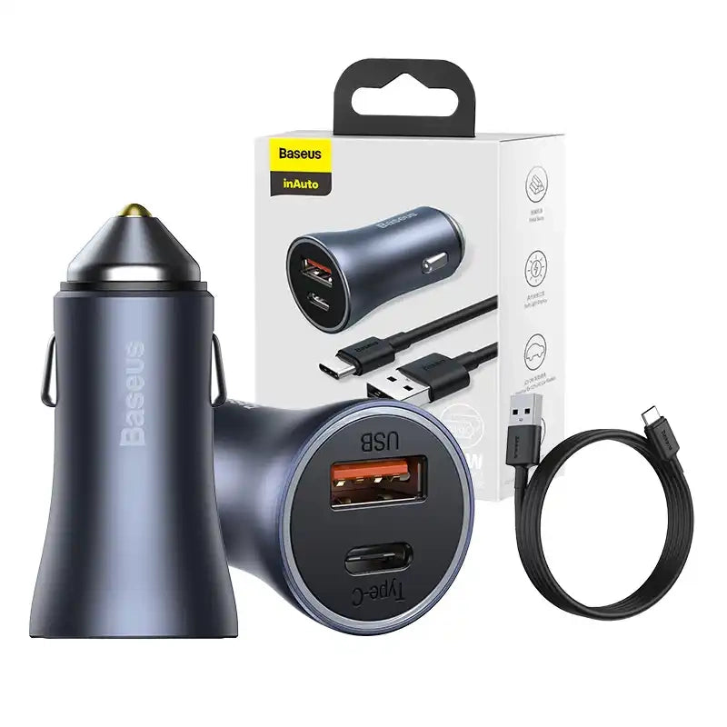 Ładowarka samochodowa Baseus Golden Contactor Pro, USB + USB-C, QC4.0+, PD, SCP, 40W (szara) + kabel USB do USB-C 1m (czarny) - Product Image 10