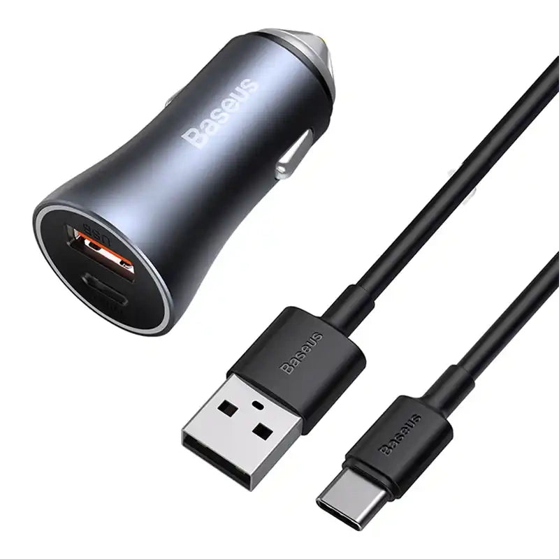 Ładowarka samochodowa Baseus Golden Contactor Pro, USB + USB-C, QC4.0+, PD, SCP, 40W (szara) + kabel USB do USB-C 1m (czarny) - Product Image 3