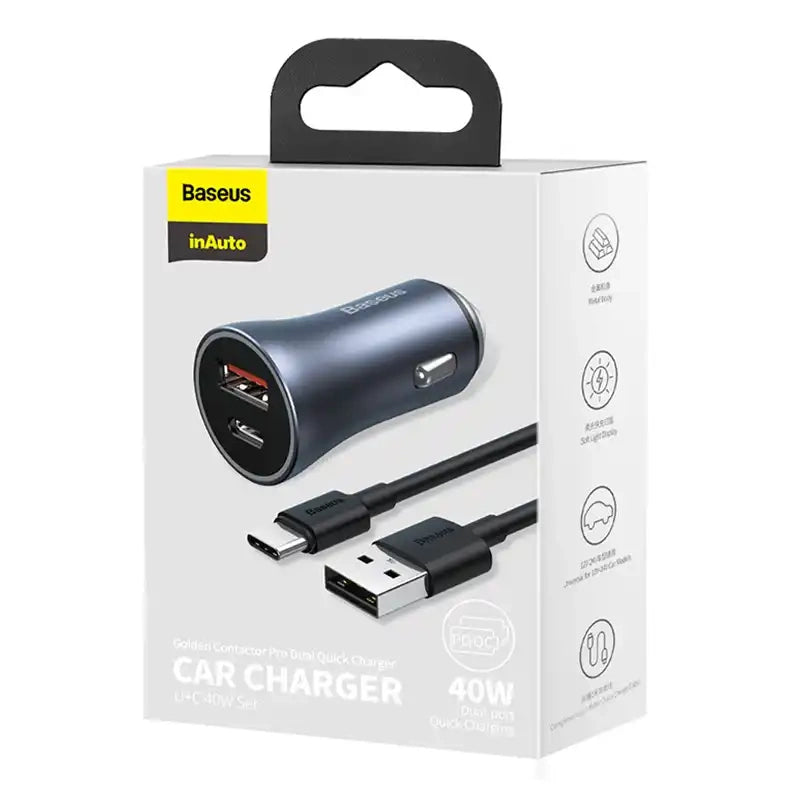 Ładowarka samochodowa Baseus Golden Contactor Pro, USB + USB-C, QC4.0+, PD, SCP, 40W (szara) + kabel USB do USB-C 1m (czarny) - Product Image 8