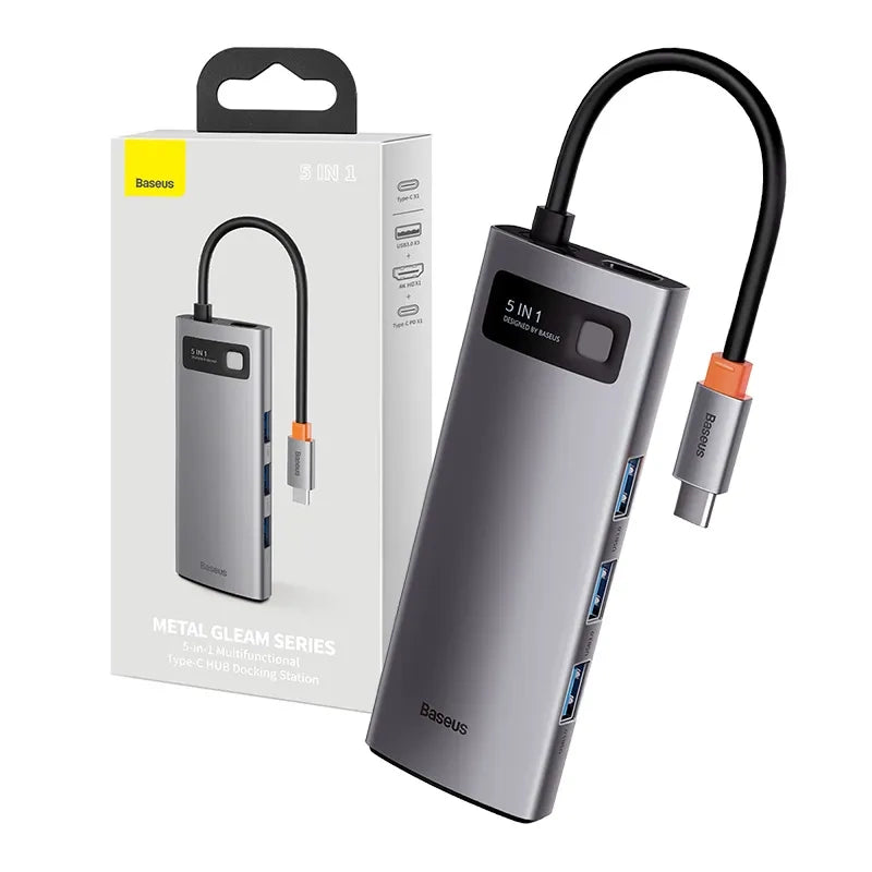 Hub 5in1 Baseus Metal Gleam Series, USB-C to 3x USB 3.0 + HDMI + USB-C PD - Product Image 1