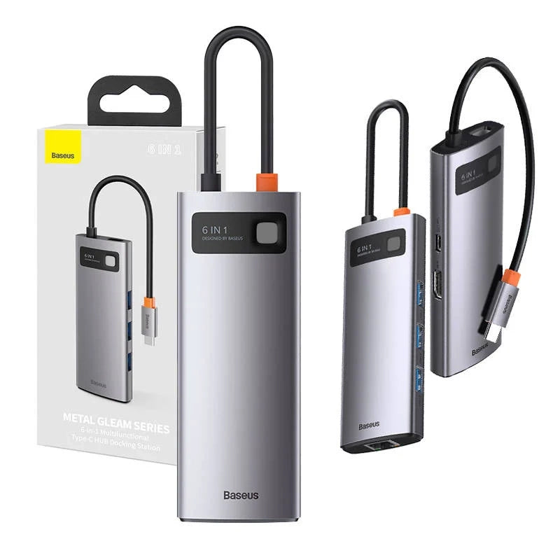 Hub 6in1 Baseus Metal Gleam Series, USB-C to 3x USB 3.0 + HDMI + USB-C PD + Ethernet RJ45 - Product Image 1