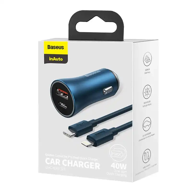 Baseus Golden Contactor Pro car charger, USB + USB-C, QC4.0+, PD, SCP, 40W (blue) + USB-C - Lightning cable 1m (blue) - Product Image 8