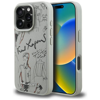 Karl Lagerfeld Grained Pattern & Logo MagSafe Case for iPhone 16 Pro - Gray