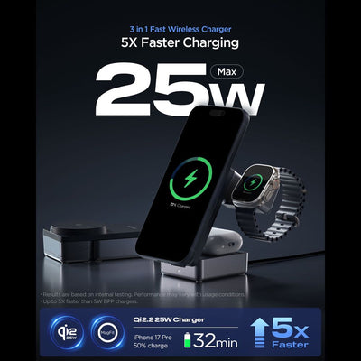 Spigen Essential Qi2.2 25W 3in1 MagSafe Magnetic Wireless Charger - Black