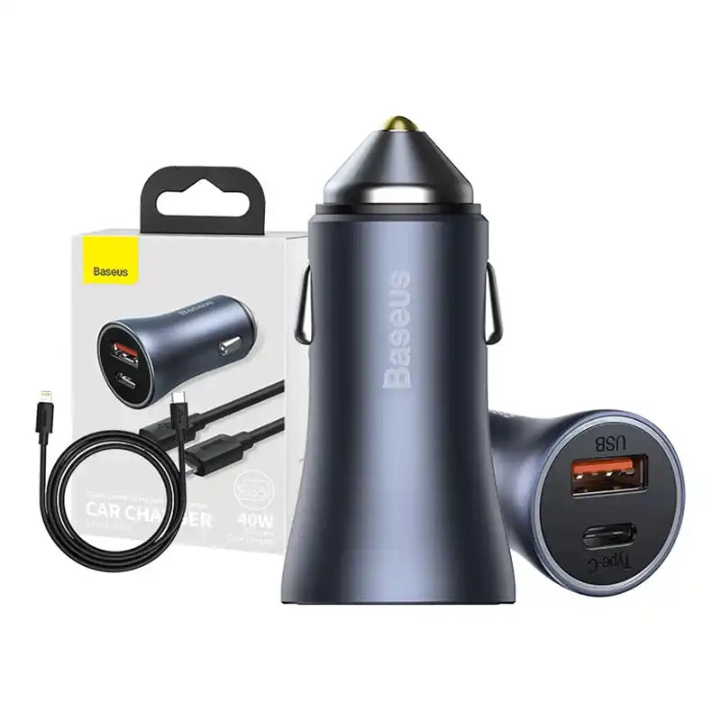Ładowarka samochodowa Baseus Golden Contactor Pro, USB + USB-C, QC4.0+, PD, SCP, 40W (szara) + kabel USB-C do iP 1m (czarny) - Product Image 10
