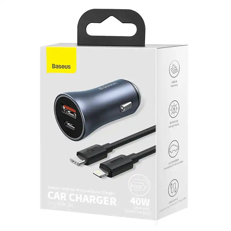 Ładowarka samochodowa Baseus Golden Contactor Pro, USB + USB-C, QC4.0+, PD, SCP, 40W (szara) + kabel USB-C do iP 1m (czarny) - Product Image 8