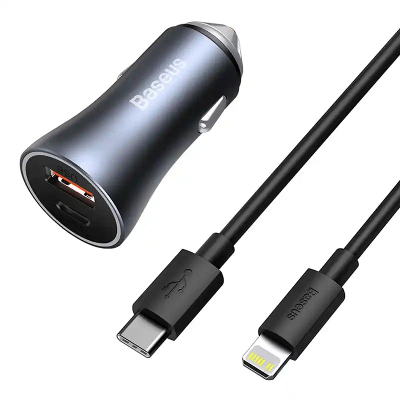 Ładowarka samochodowa Baseus Golden Contactor Pro, USB + USB-C, QC4.0+, PD, SCP, 40W (szara) + kabel USB-C do iP 1m (czarny) - Product Image 7